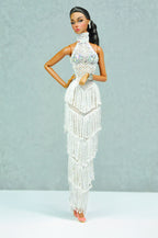 HAUTE | Royalty Aesthestic | White Fringed Gown for Fashion Royalty Doll Clothes - 12-inch Scale