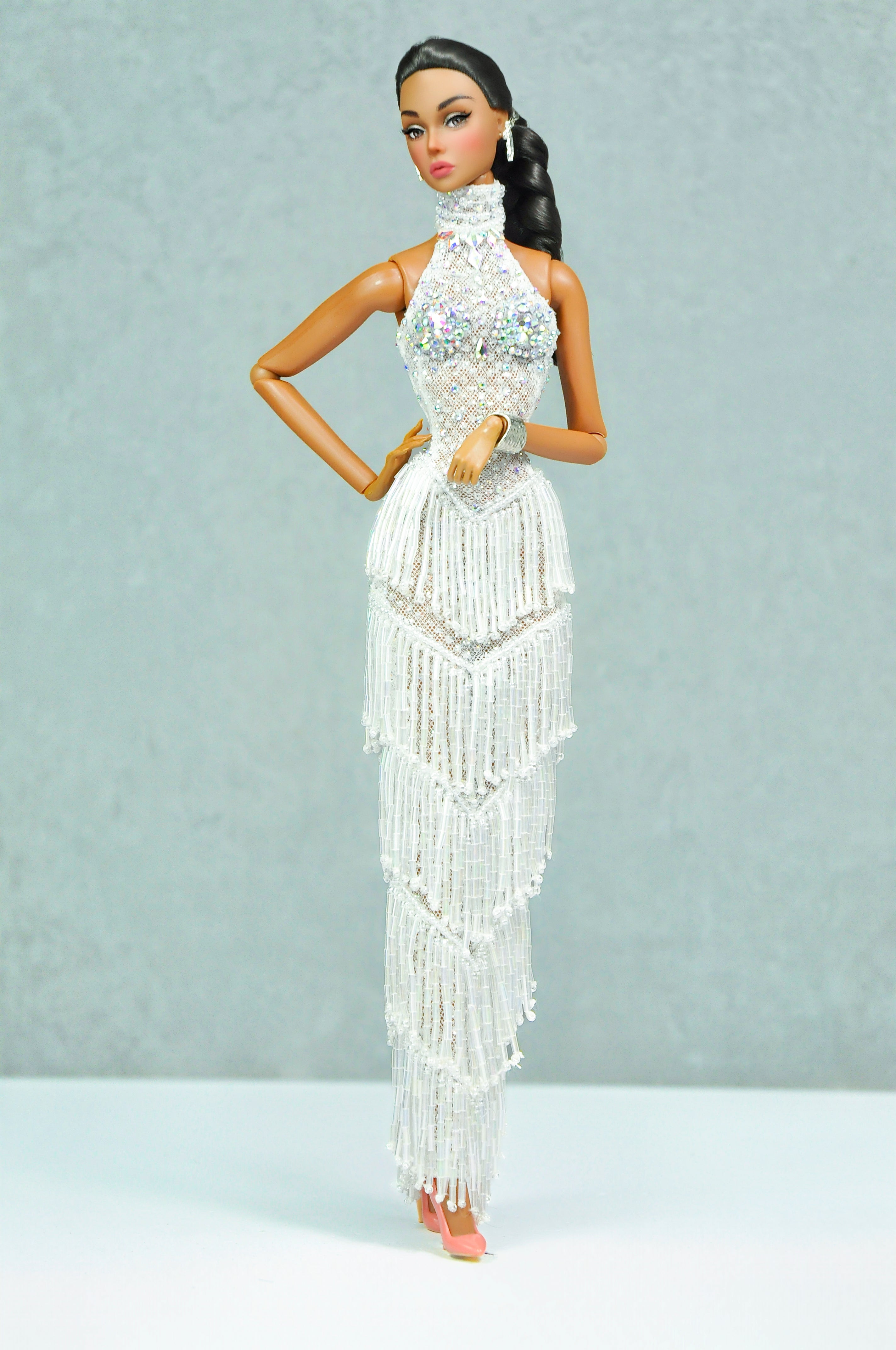 HAUTE | Royalty Aesthestic | White Fringed Gown for Fashion Royalty Doll Clothes - 12-inch Scale