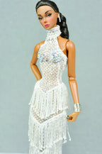HAUTE | Royalty Aesthestic | White Fringed Gown for Fashion Royalty Doll Clothes - 12-inch Scale