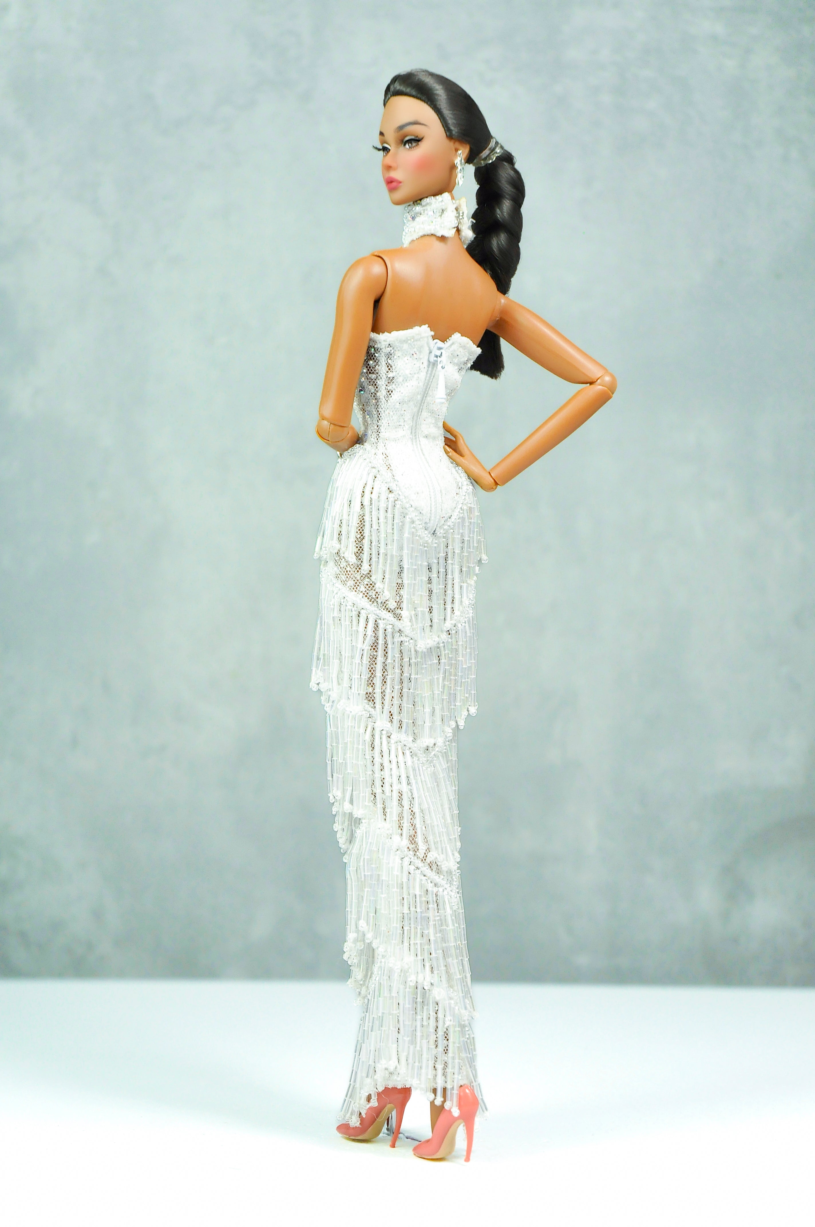 HAUTE | Royalty Aesthestic | White Fringed Gown for Fashion Royalty Doll Clothes - 12-inch Scale