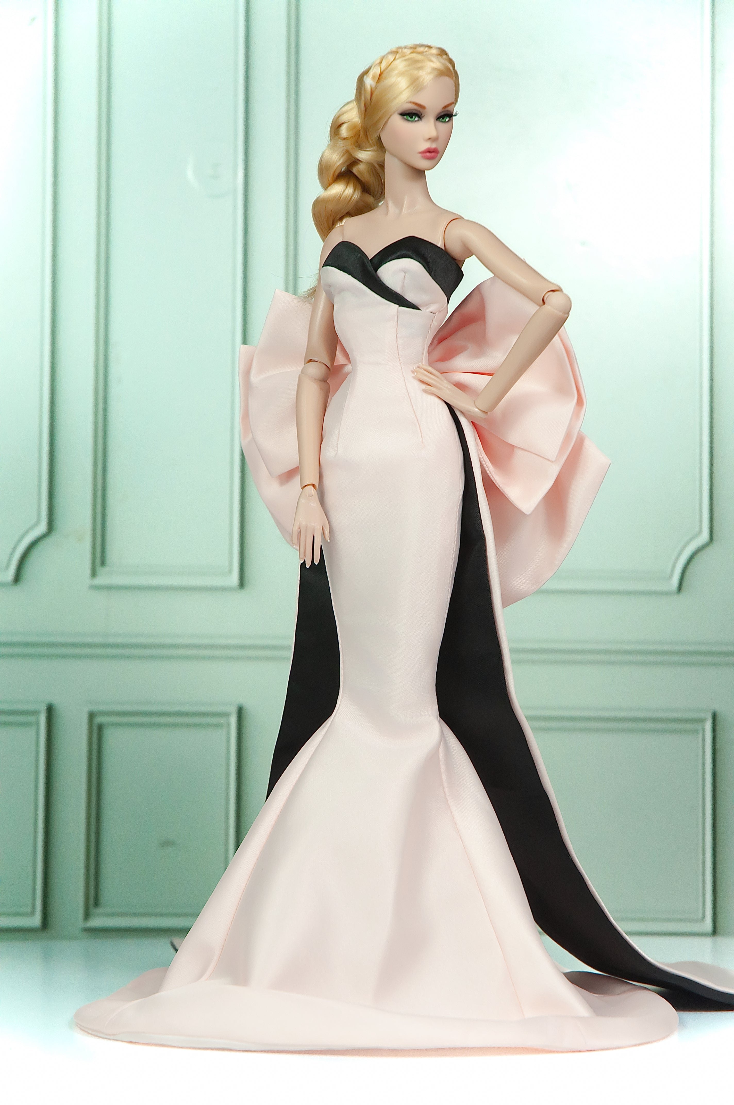 HAUTE |. Fashion Royalty Doll Pink Satin Mermaid Gown with Oversized Bow Train | 12 Inch Doll Couture Dress