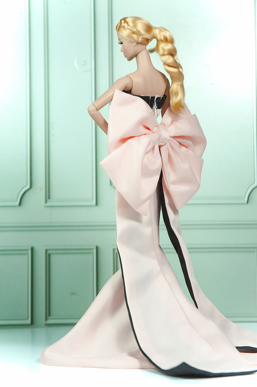 HAUTE |. Fashion Royalty Doll Pink Satin Mermaid Gown with Oversized Bow Train | 12 Inch Doll Couture Dress