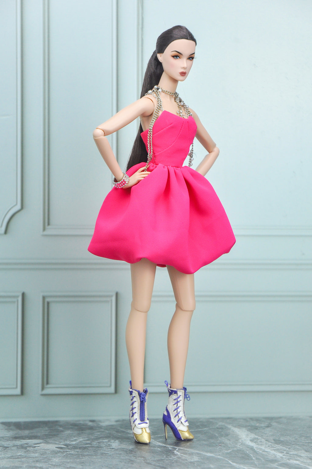 BASIC |. Fashion Royalty Doll Dress – Hot Pink Couture Mini Dress with Chain Straps | 1:6 Scale Doll Clothes | Handmade Collector Fashion
