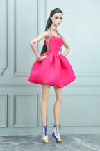 BASIC |. Fashion Royalty Doll Dress – Hot Pink Couture Mini Dress with Chain Straps | 1:6 Scale Doll Clothes | Handmade Collector Fashion