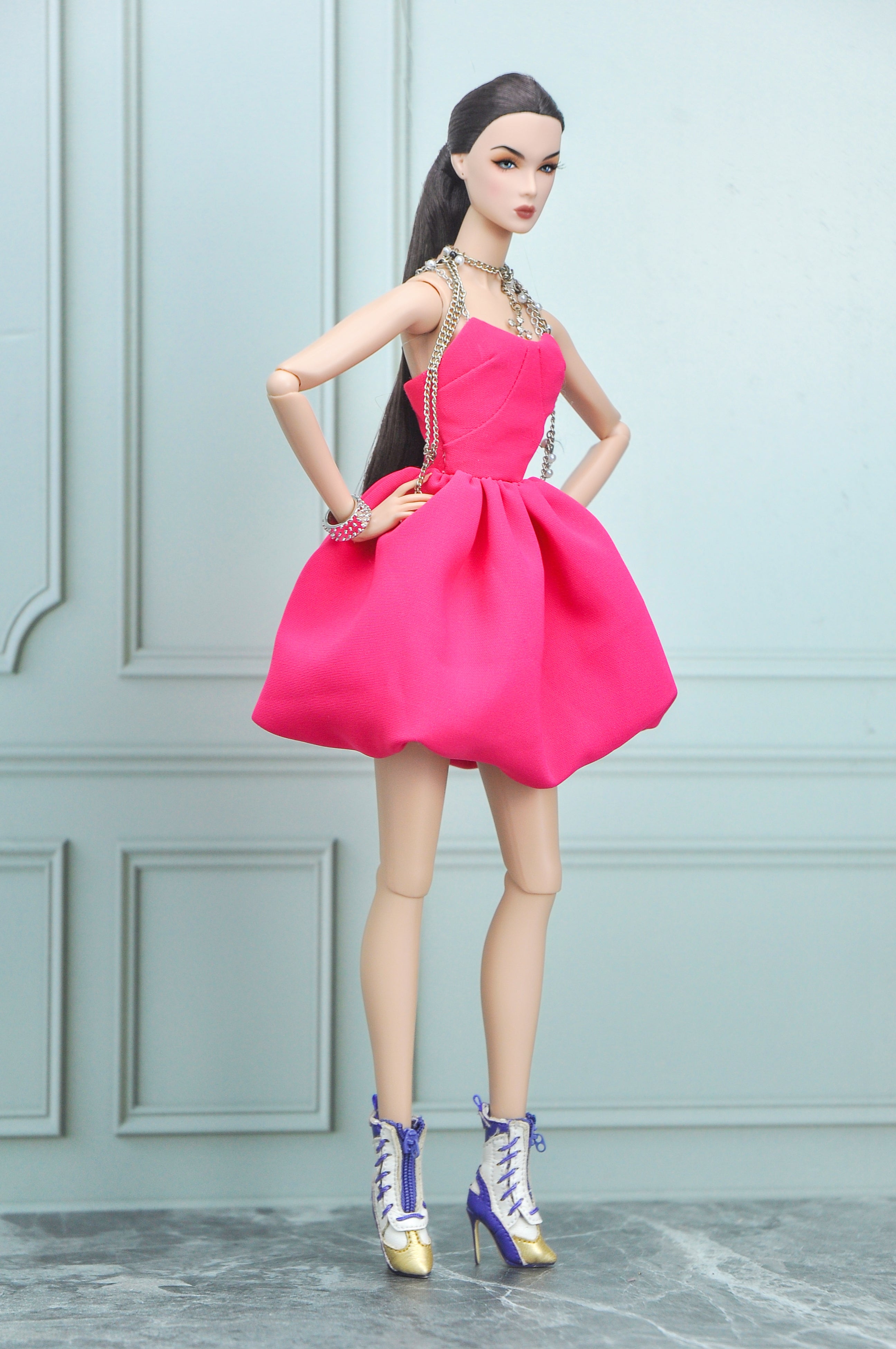 BASIC |. Fashion Royalty Doll Dress – Hot Pink Couture Mini Dress with Chain Straps | 1:6 Scale Doll Clothes | Handmade Collector Fashion