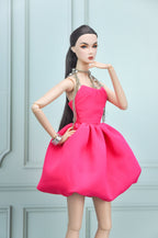 BASIC |. Fashion Royalty Doll Dress – Hot Pink Couture Mini Dress with Chain Straps | 1:6 Scale Doll Clothes | Handmade Collector Fashion