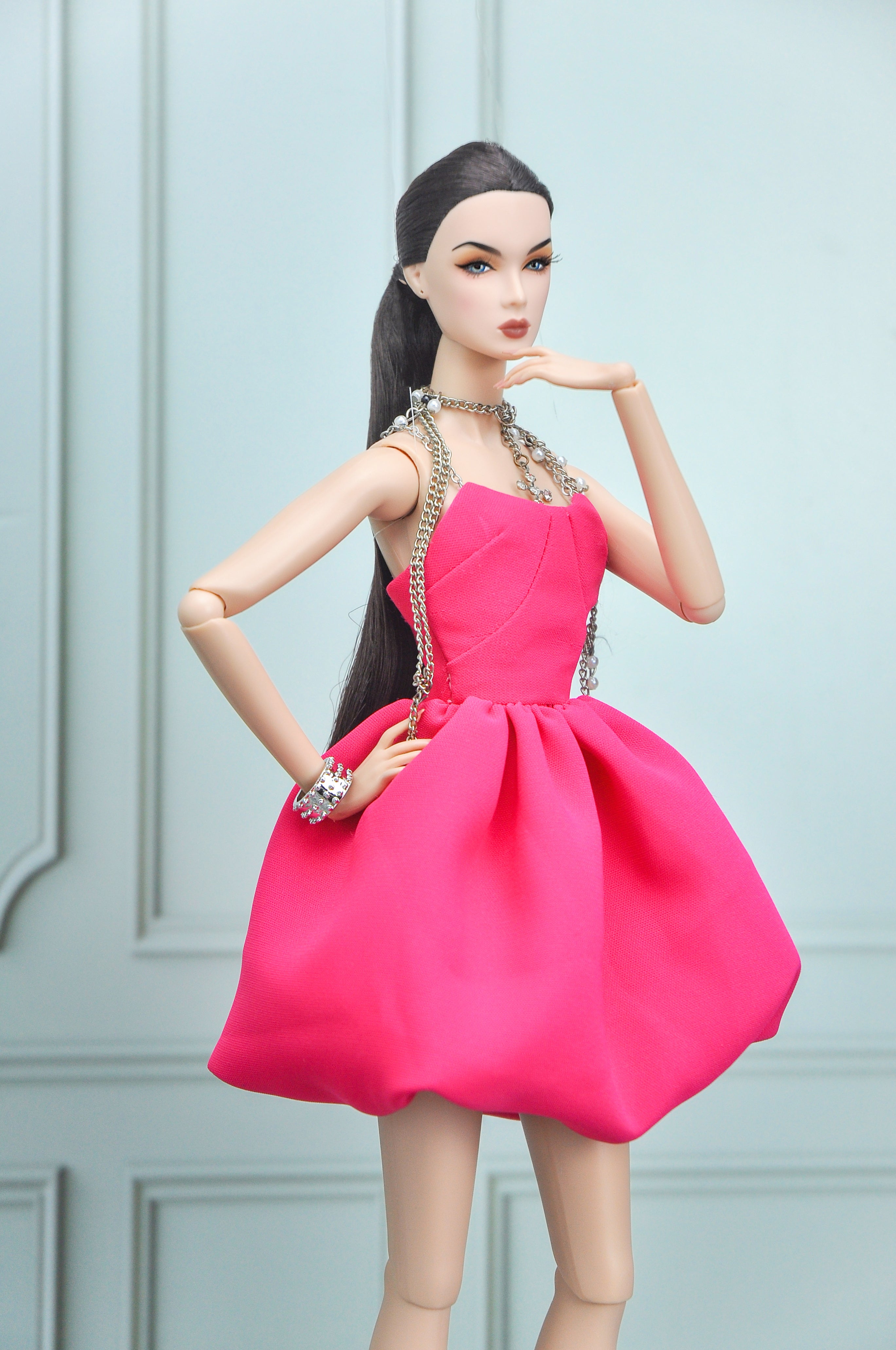 BASIC |. Fashion Royalty Doll Dress – Hot Pink Couture Mini Dress with Chain Straps | 1:6 Scale Doll Clothes | Handmade Collector Fashion