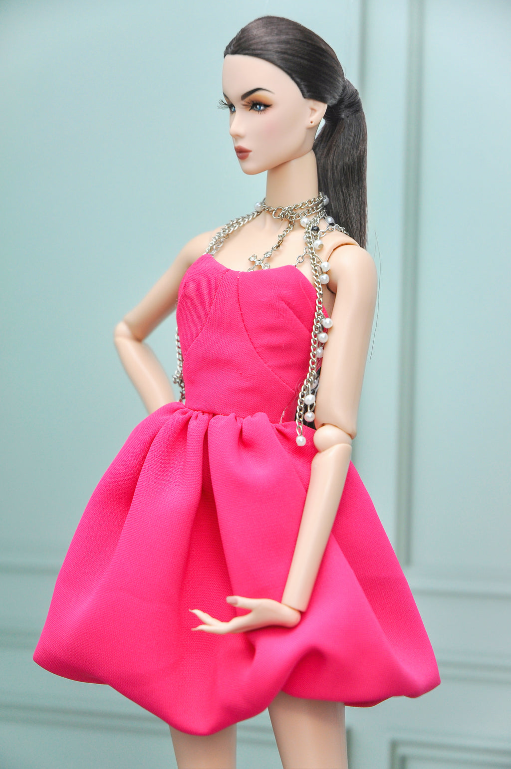 BASIC |. Fashion Royalty Doll Dress – Hot Pink Couture Mini Dress with Chain Straps | 1:6 Scale Doll Clothes | Handmade Collector Fashion
