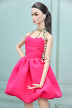 BASIC |. Fashion Royalty Doll Dress – Hot Pink Couture Mini Dress with Chain Straps | 1:6 Scale Doll Clothes | Handmade Collector Fashion