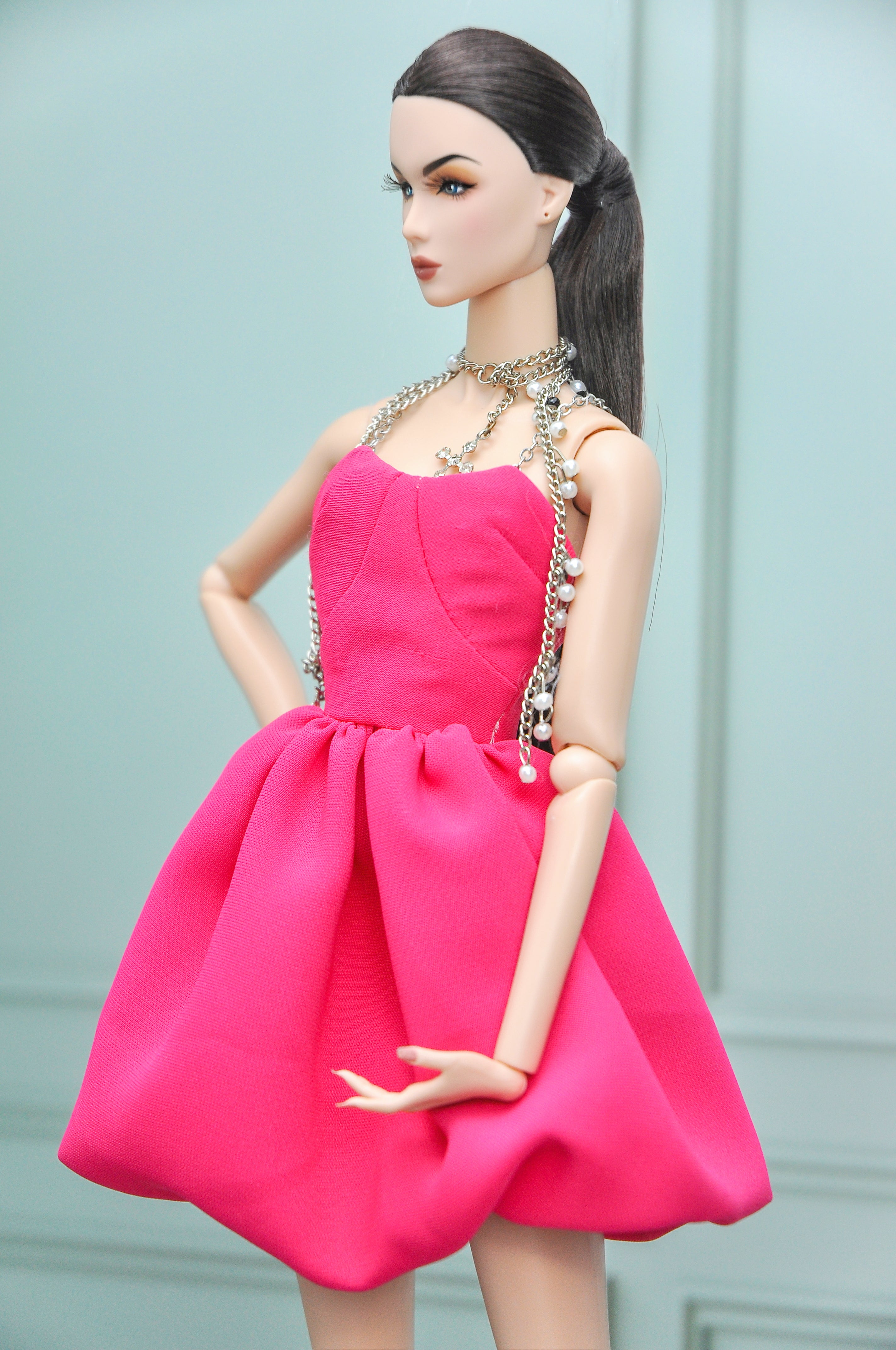 BASIC |. Fashion Royalty Doll Dress – Hot Pink Couture Mini Dress with Chain Straps | 1:6 Scale Doll Clothes | Handmade Collector Fashion
