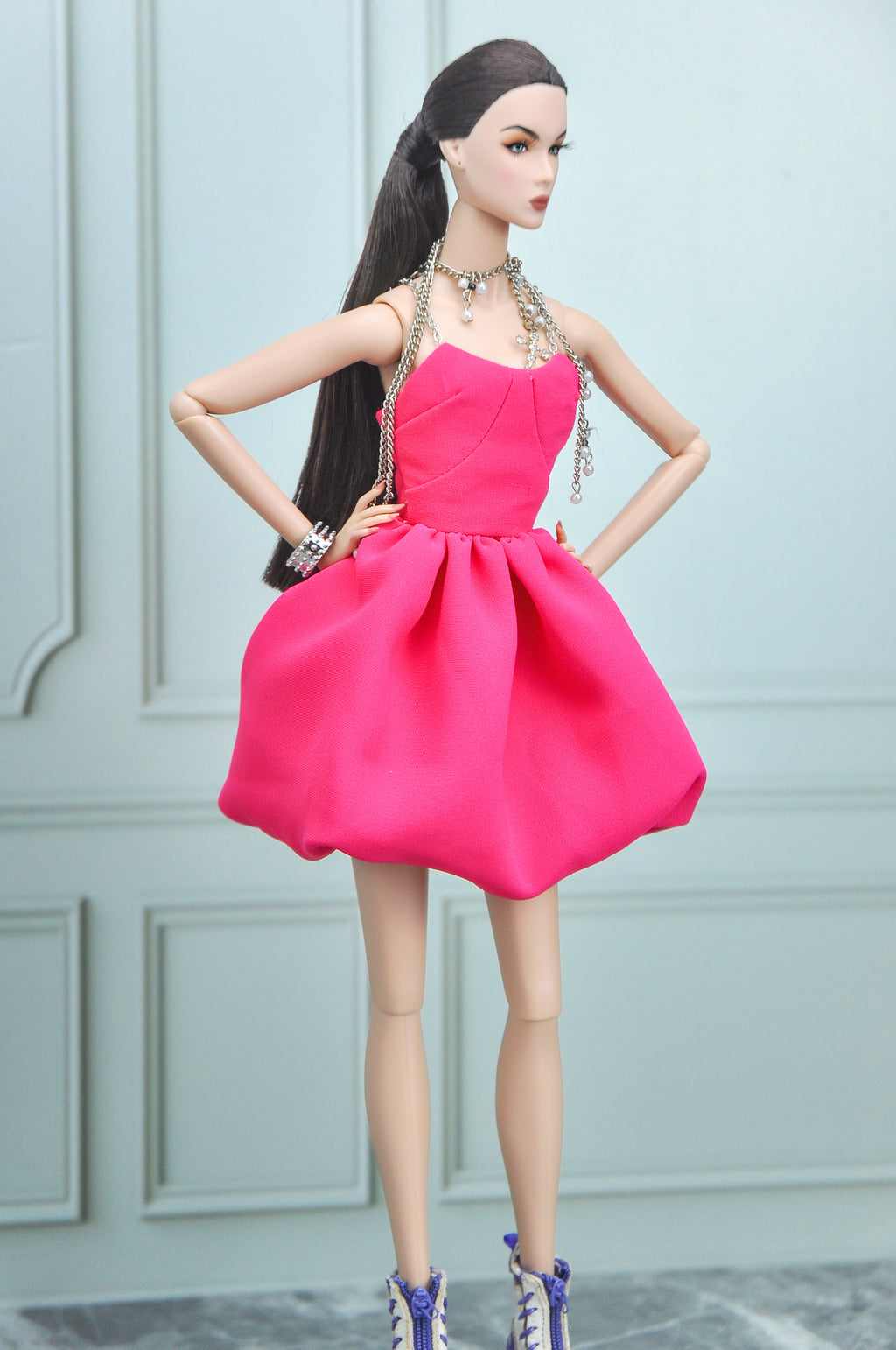 BASIC |. Fashion Royalty Doll Dress – Hot Pink Couture Mini Dress with Chain Straps | 1:6 Scale Doll Clothes | Handmade Collector Fashion