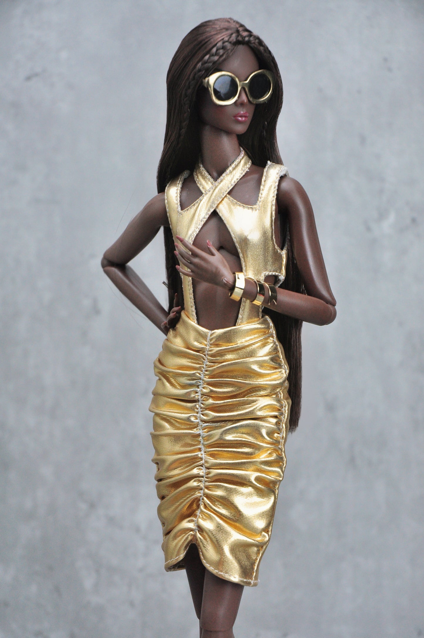 A LIBRA ECLIPSE | GOLD CUTOUT BODYSUIT AND RUCHED SKIRT  FOR FASHION ROYALTY & 12" DOLL