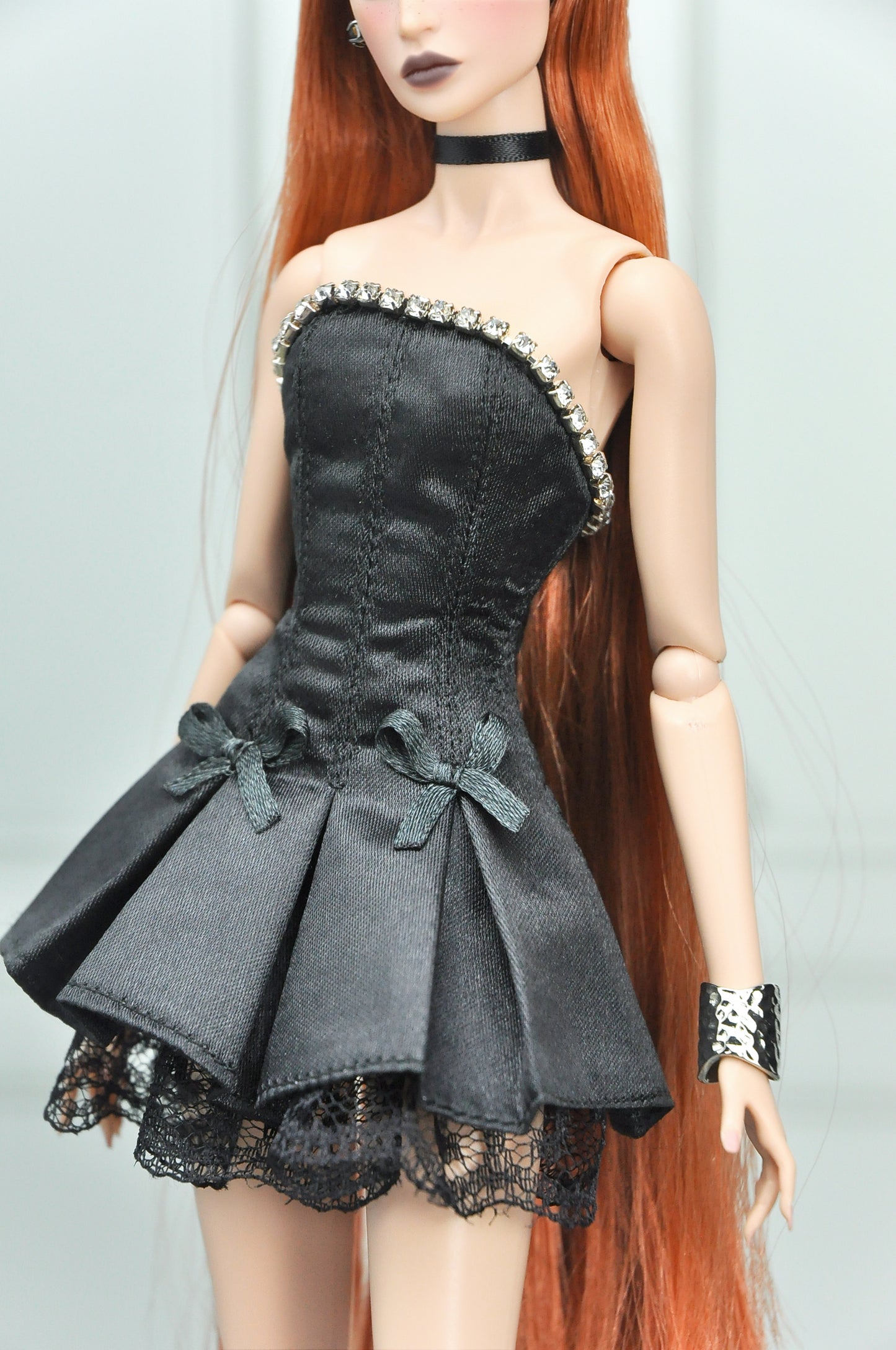 A BREEZING DAY | Y2K Collection - Black bustier dress with rhinestone embellished and bow details for Fashion Royalty & 12" doll