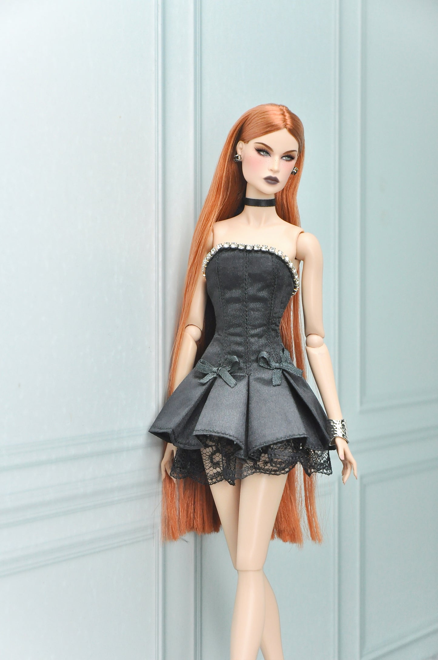 A BREEZING DAY | Y2K Collection - Black bustier dress with rhinestone embellished and bow details for Fashion Royalty & 12" doll