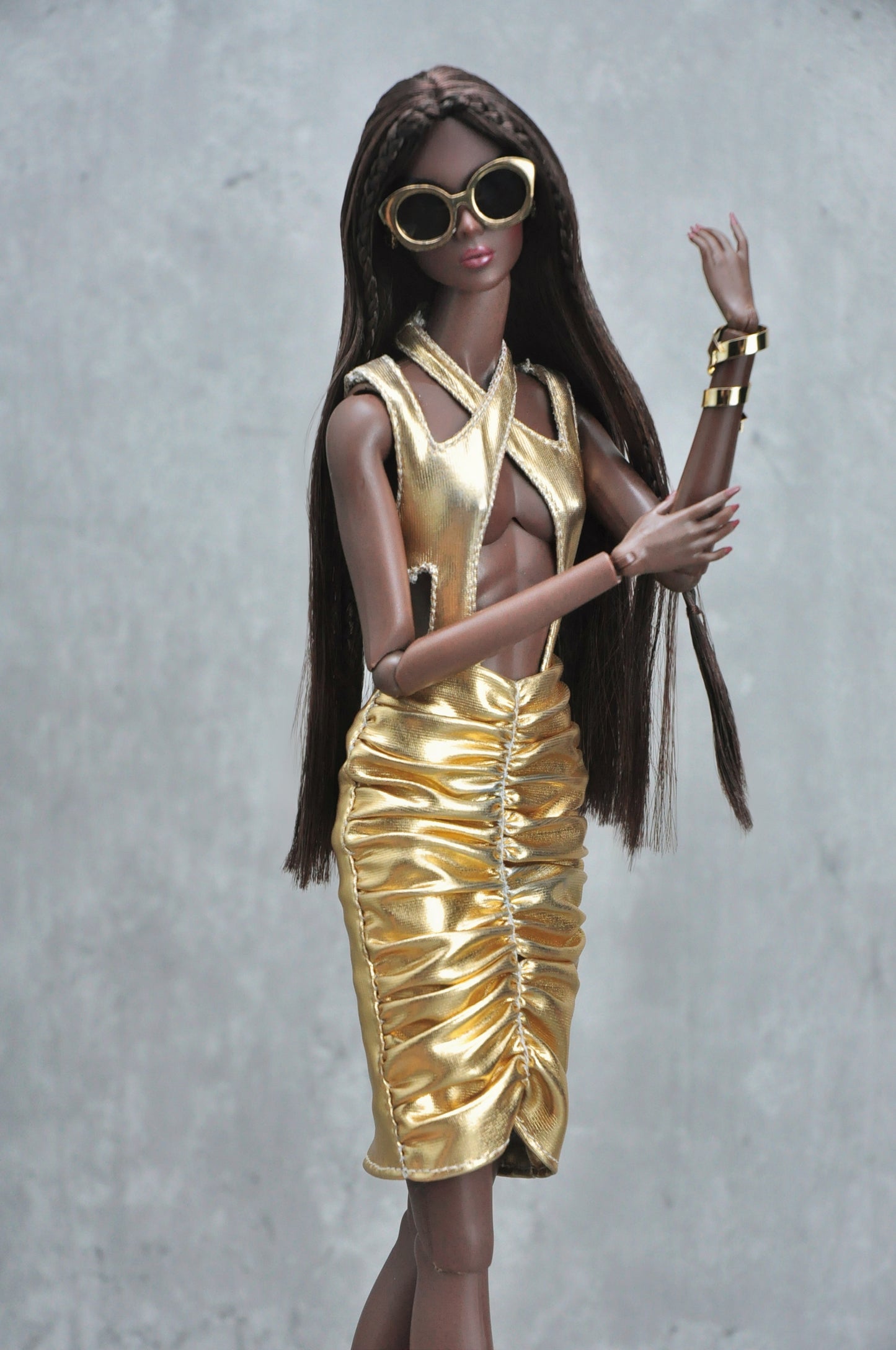 A LIBRA ECLIPSE | GOLD CUTOUT BODYSUIT AND RUCHED SKIRT  FOR FASHION ROYALTY & 12" DOLL