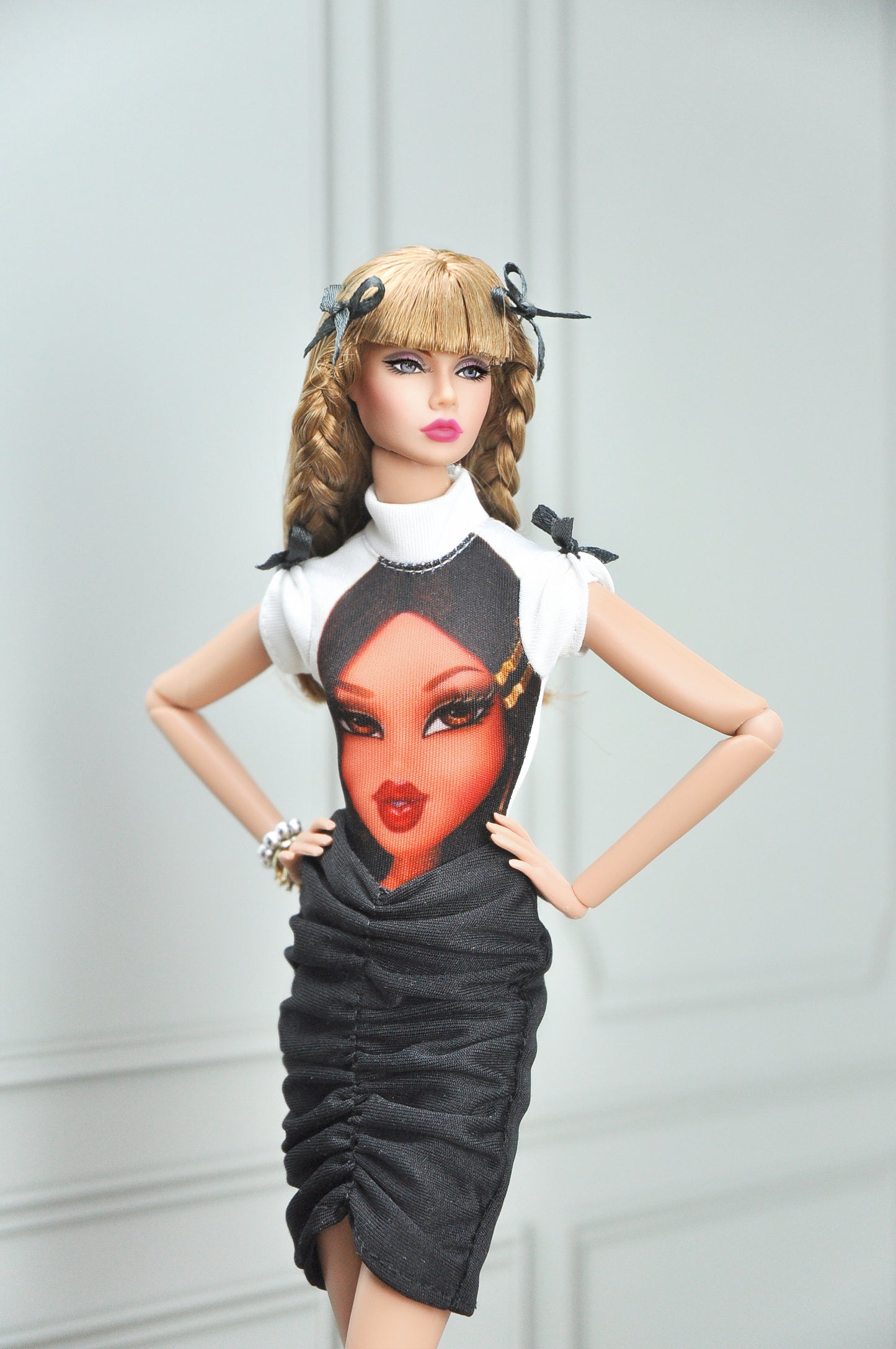 A Y2K Collection | Bratz image bodysuit with ruched black skirt for Fashion Royalty 6.0