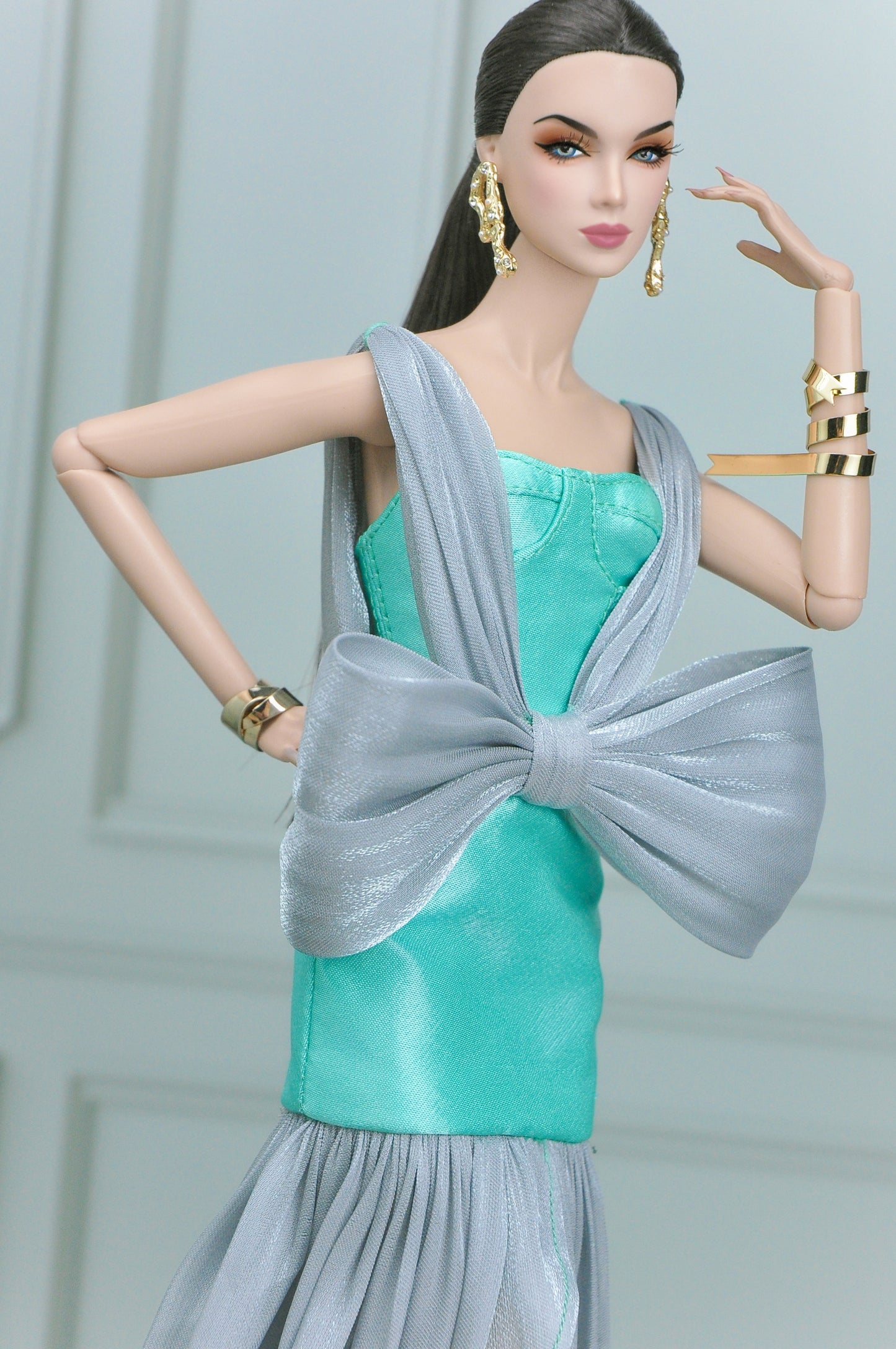 A HAUTE COLLECTION | OOAK gown for Fashion Royalty doll bustier bodice silk chiffon in gray color