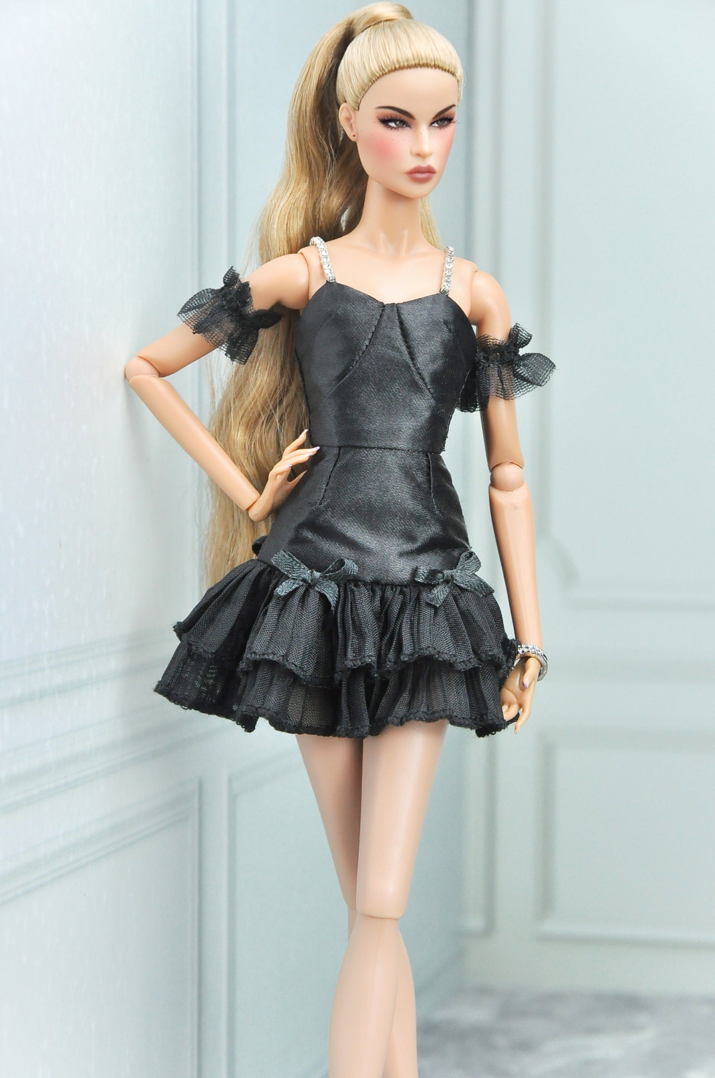 A BREEZING DAY | Y2K Collection - Black halter neck dress with ruffle hem and bow details for Fashion Royalty doll clothes and 12" doll