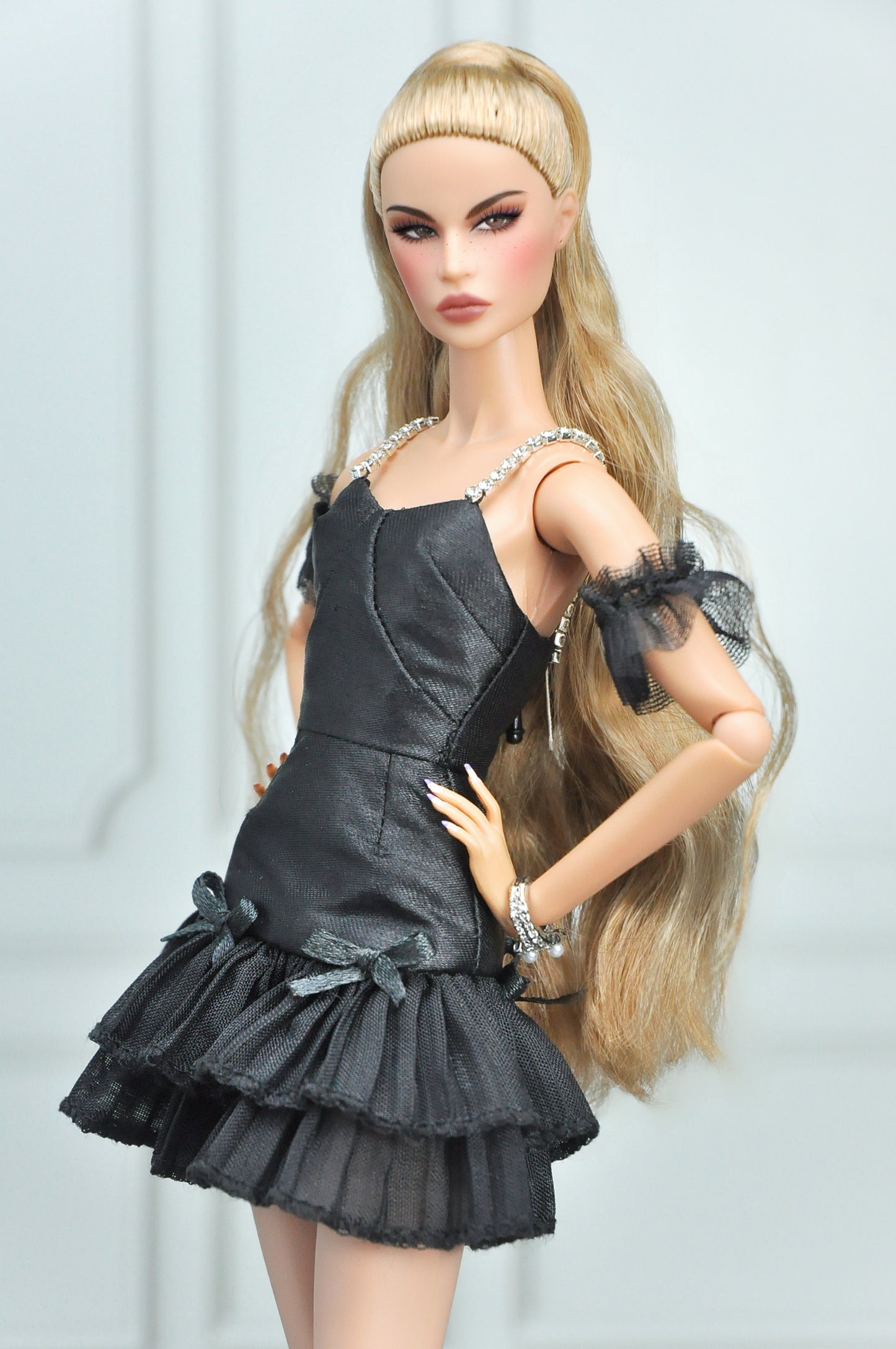 A BREEZING DAY | Y2K Collection - Black halter neck dress with ruffle hem and bow details for Fashion Royalty doll clothes and 12" doll