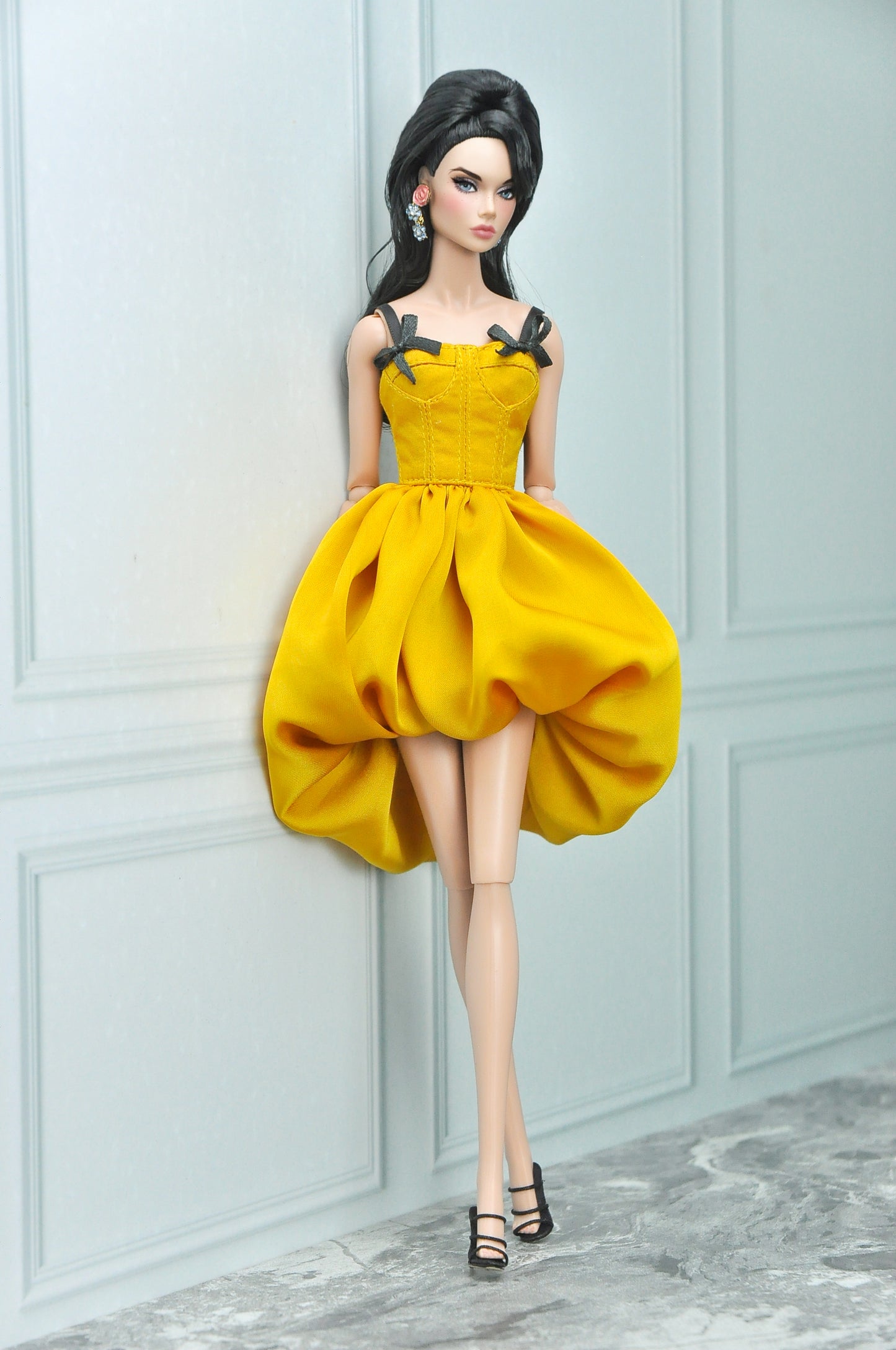 A Y2K Collection | Yellow mustard silk corset dress for Fashion Royalty doll clothes