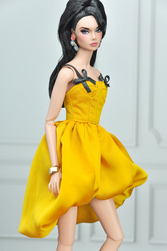 A Y2K Collection | Yellow mustard silk corset dress for Fashion Royalty doll clothes