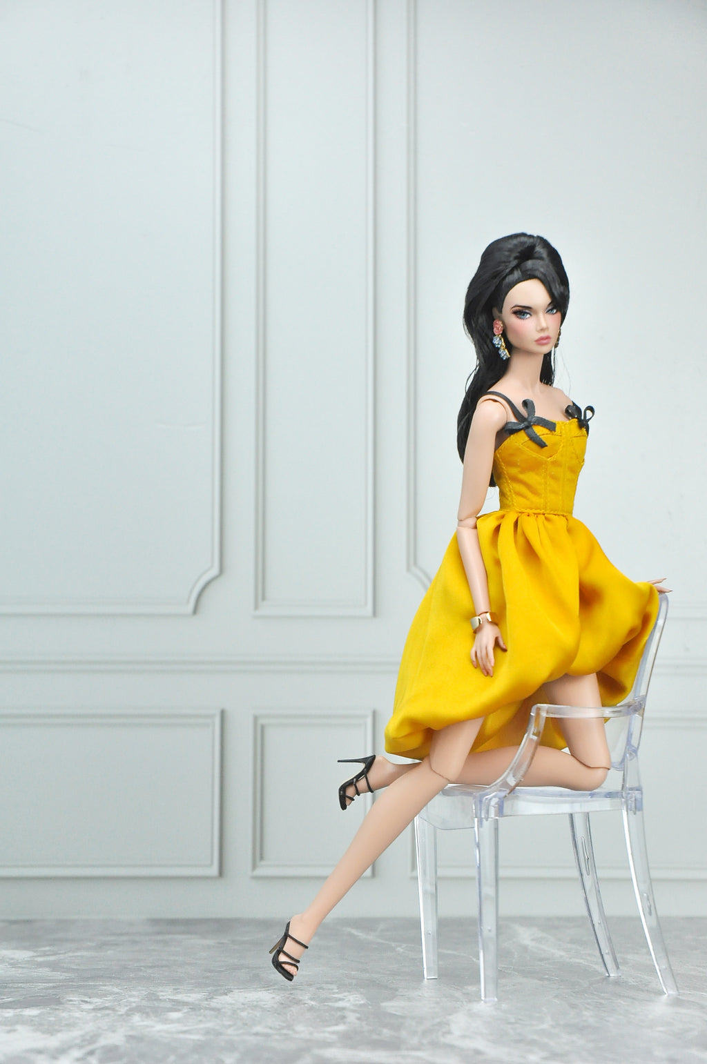 BASIC | Fashion Royalty Doll Dress – Mustard Yellow Bubble Hem Cocktail Dress | Handmade 1:6 Scale Doll Clothes | Fits Fashion Royalty & 1/6 fashion doll