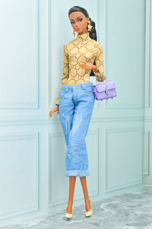 Y2K | Boyfriend mid-length jeans mix with super short overall for Fashion Royalty doll & 1/6 doll clothes