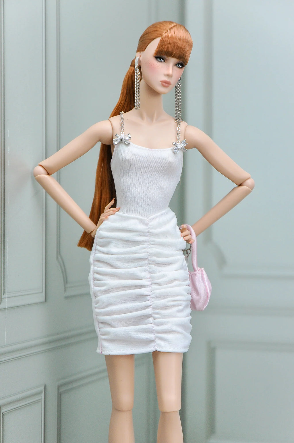 . SHIMMERING | Fashion Royalty doll clothes Crystal Bow White Ruched Mini Dress | Plastiktiara