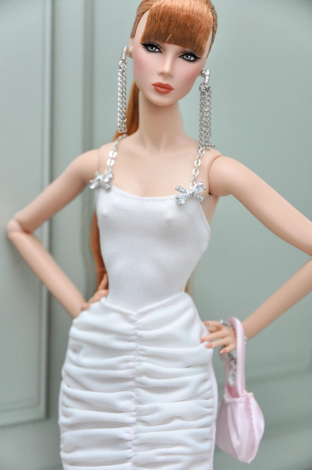 . SHIMMERING | Fashion Royalty doll clothes Crystal Bow White Ruched Mini Dress | Plastiktiara