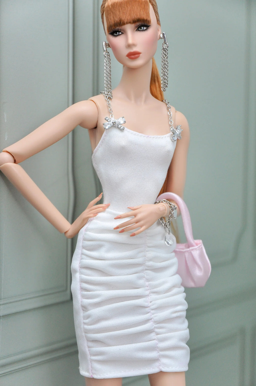 . SHIMMERING | Fashion Royalty doll clothes Crystal Bow White Ruched Mini Dress | Plastiktiara