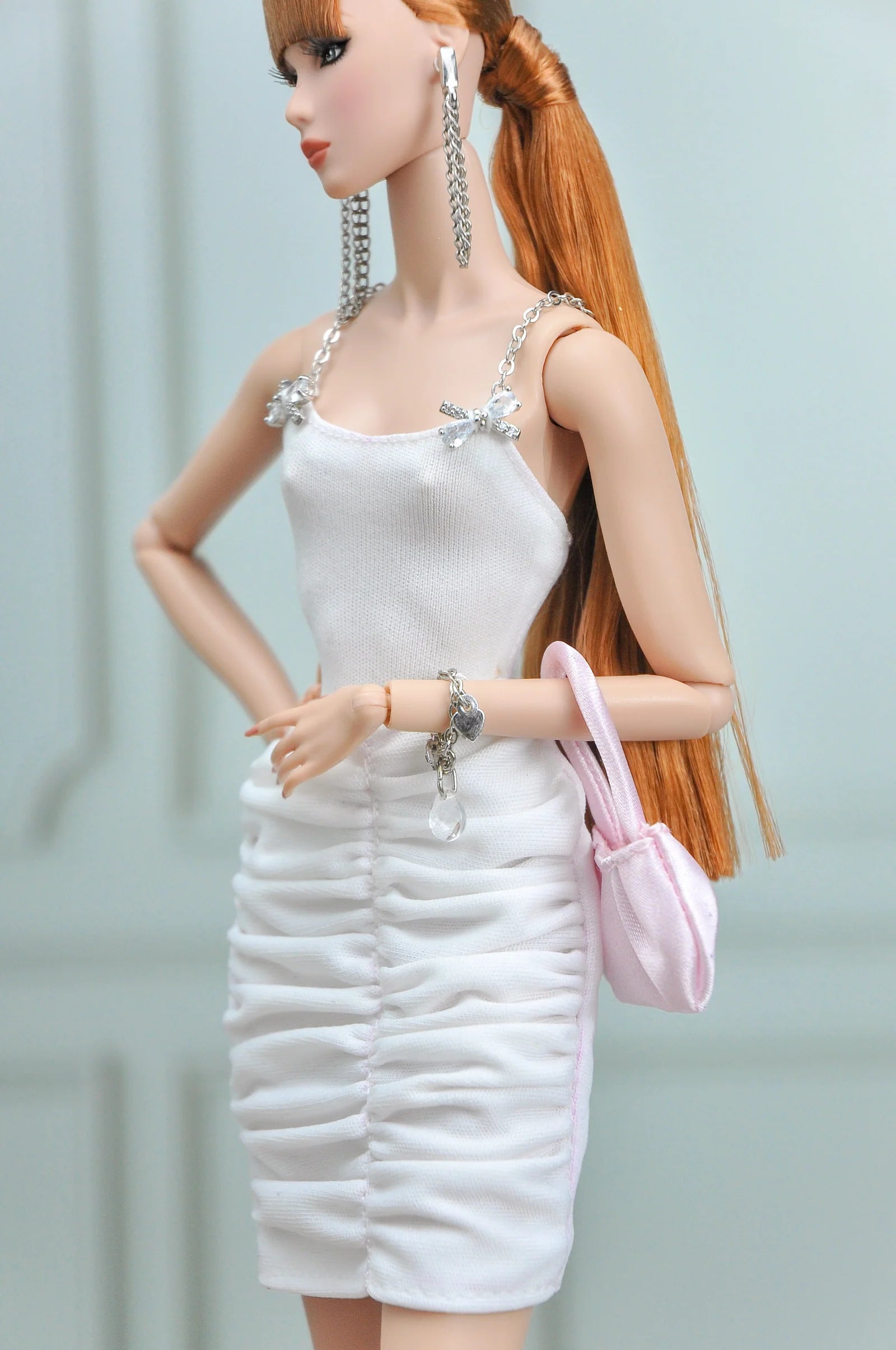 . SHIMMERING | Fashion Royalty doll clothes Crystal Bow White Ruched Mini Dress | Plastiktiara