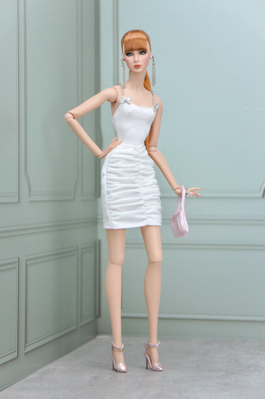 . SHIMMERING | Fashion Royalty doll clothes Crystal Bow White Ruched Mini Dress | Plastiktiara