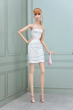 . SHIMMERING | Fashion Royalty doll clothes Crystal Bow White Ruched Mini Dress | Plastiktiara