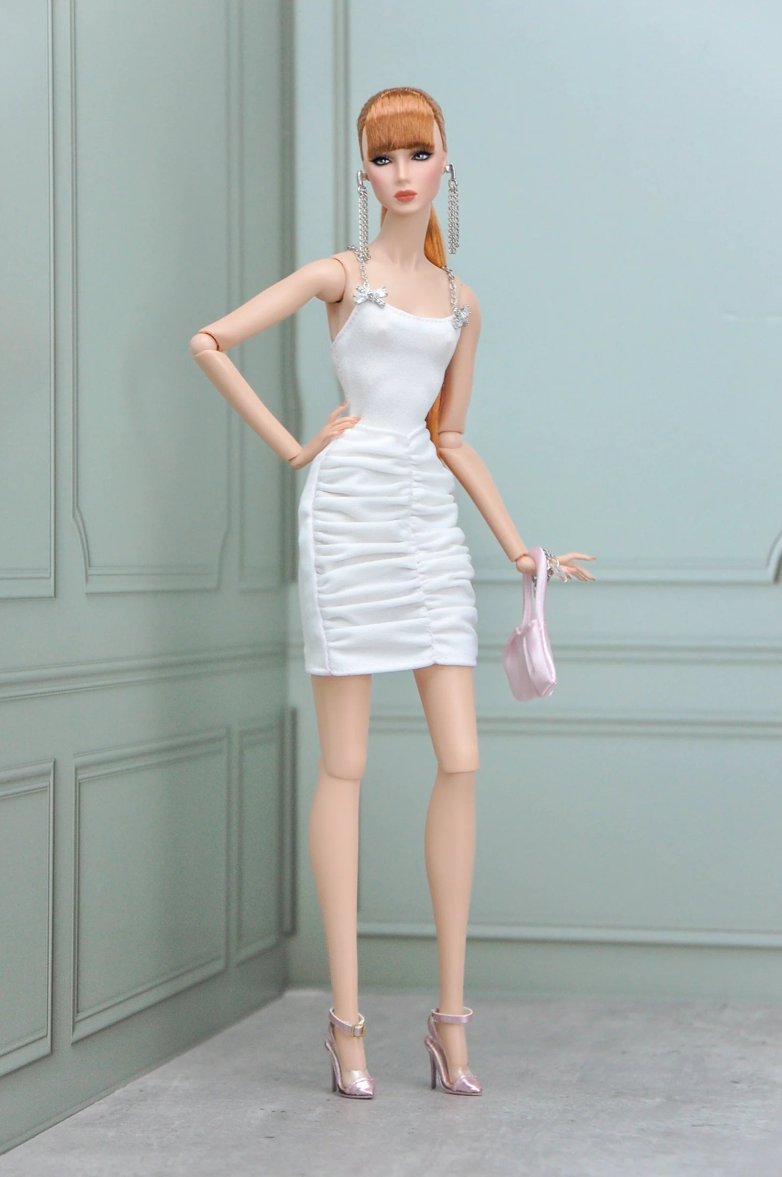 . SHIMMERING | Fashion Royalty doll clothes Crystal Bow White Ruched Mini Dress | Plastiktiara