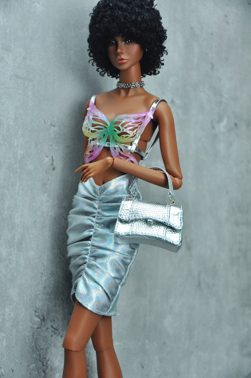 3D PROJECT | Iridescent Butterfly Top & Metallic Draped Skirt |1/6 High Fashion doll clothes