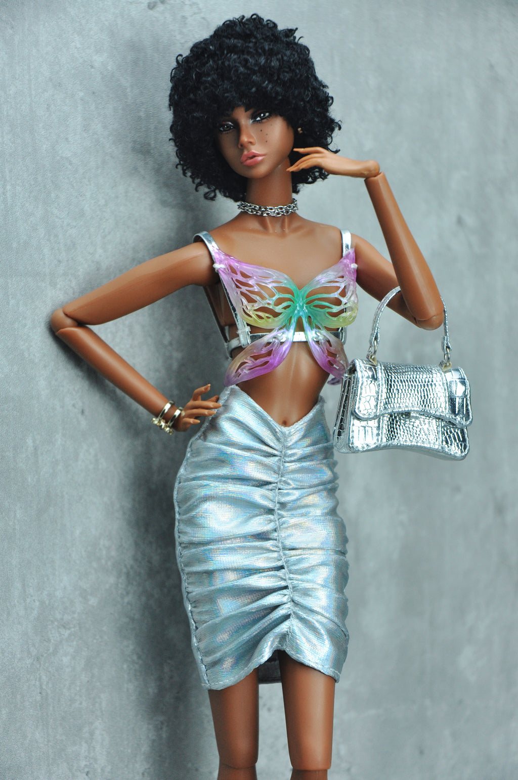 3D PROJECT | Iridescent Butterfly Top & Metallic Draped Skirt |1/6 High Fashion doll clothes