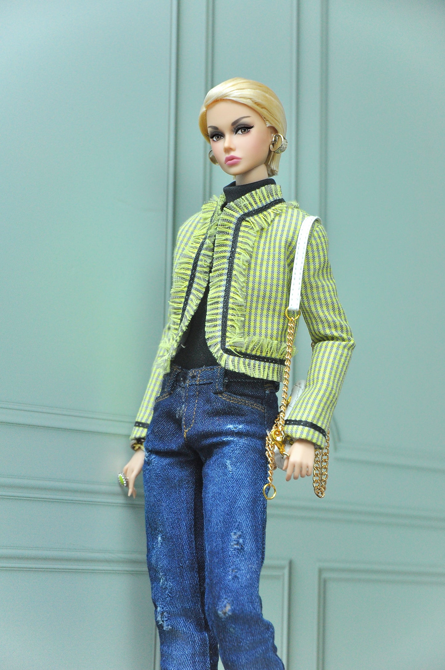 MILLENIAL STYLE | turtle neck bodysuit with boyfriend bootcut jeans and jacket  for Fashion Royalty dolls clothes