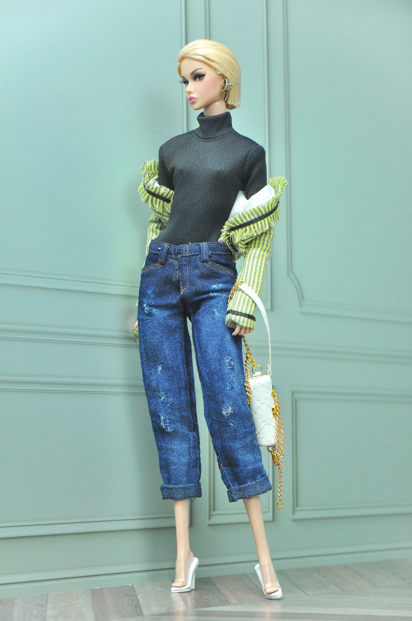 MILLENIAL STYLE | turtle neck bodysuit with boyfriend bootcut jeans and jacket  for Fashion Royalty dolls clothes