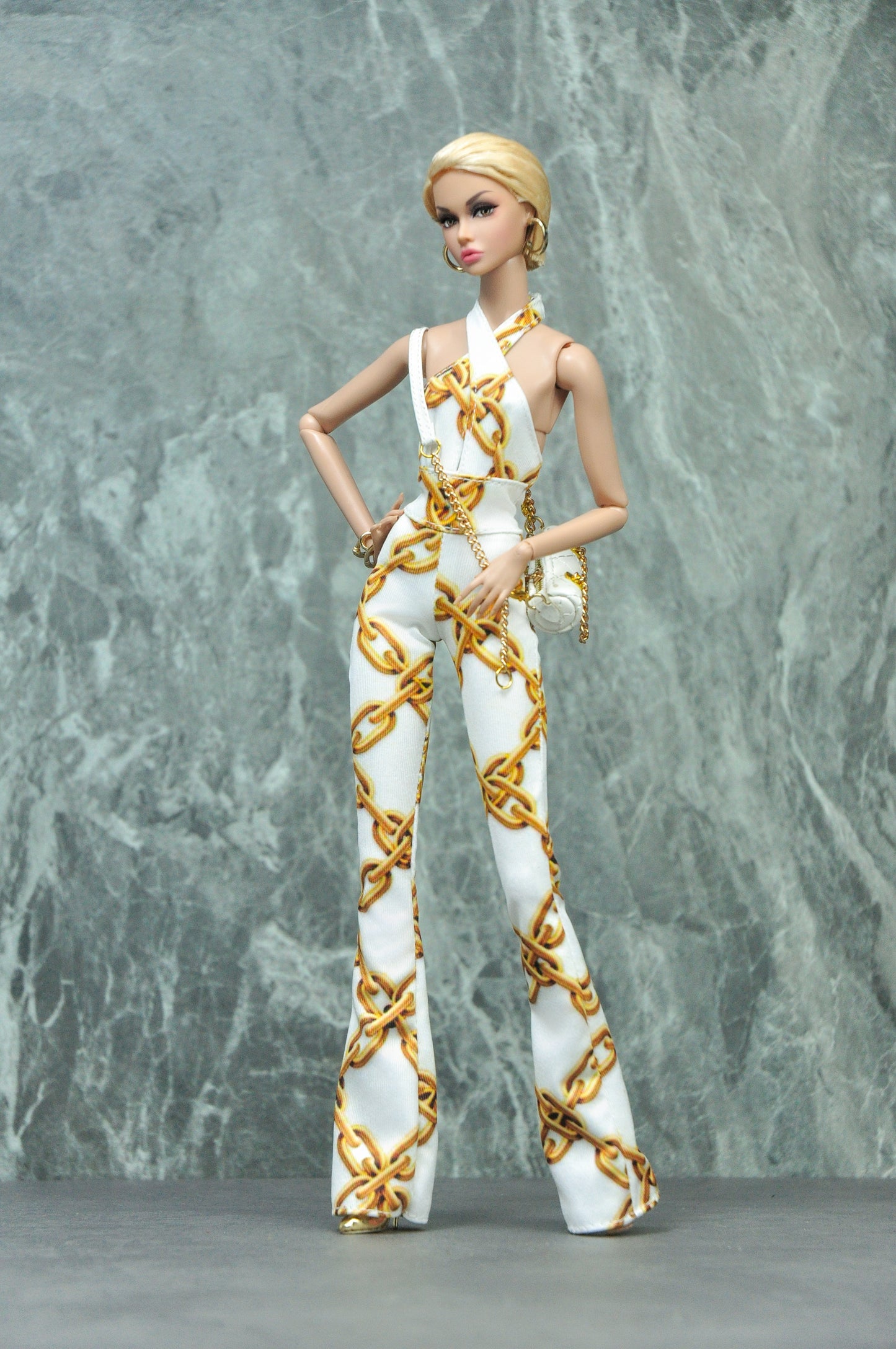 Y2K REMIX | 70'S flare jumpsuit with chain graphic print for Fashion Royalty & 12" doll