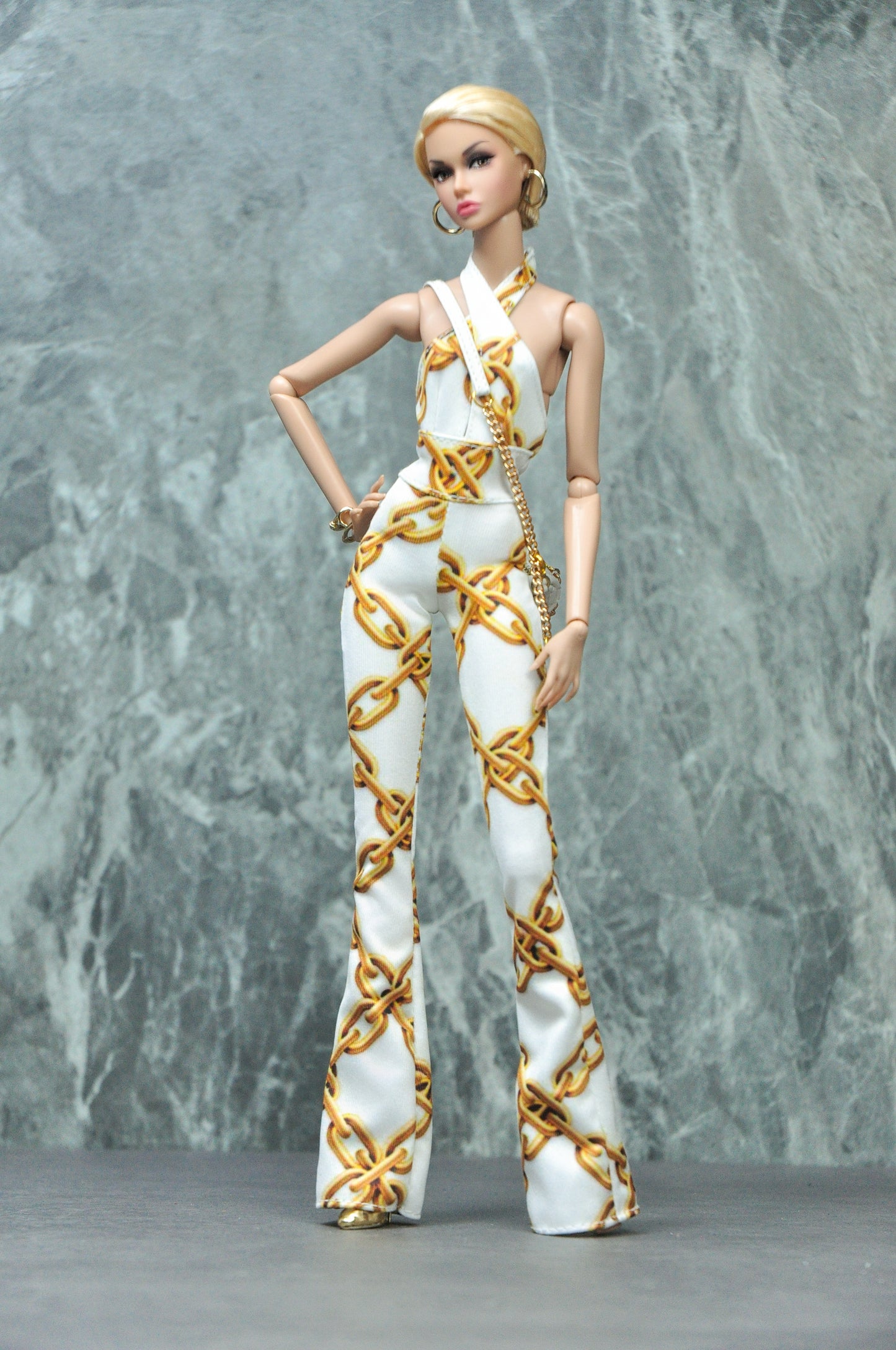 Y2K REMIX | 70'S flare jumpsuit with chain graphic print for Fashion Royalty & 12" doll