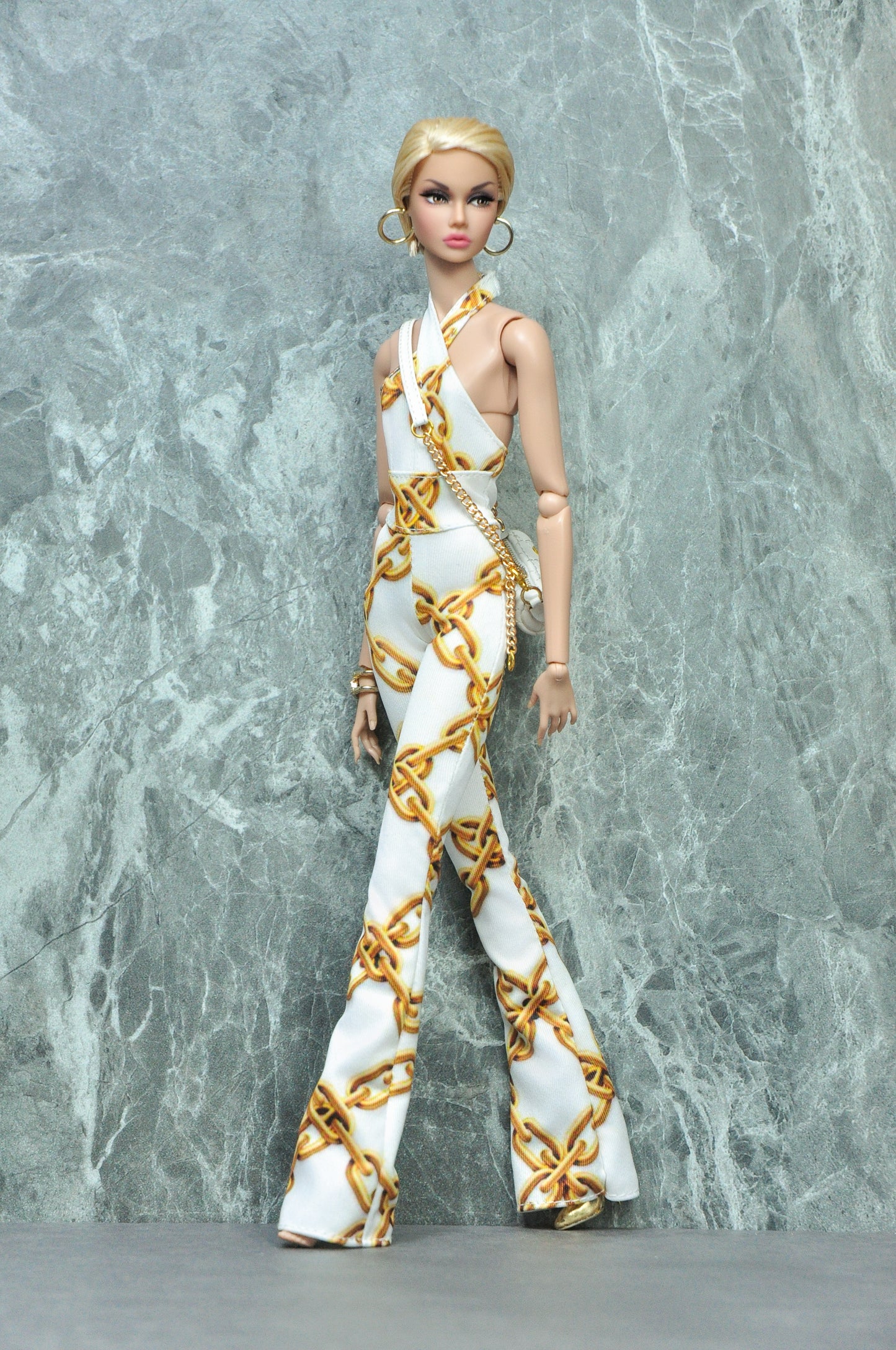 Y2K REMIX | 70'S flare jumpsuit with chain graphic print for Fashion Royalty & 12" doll