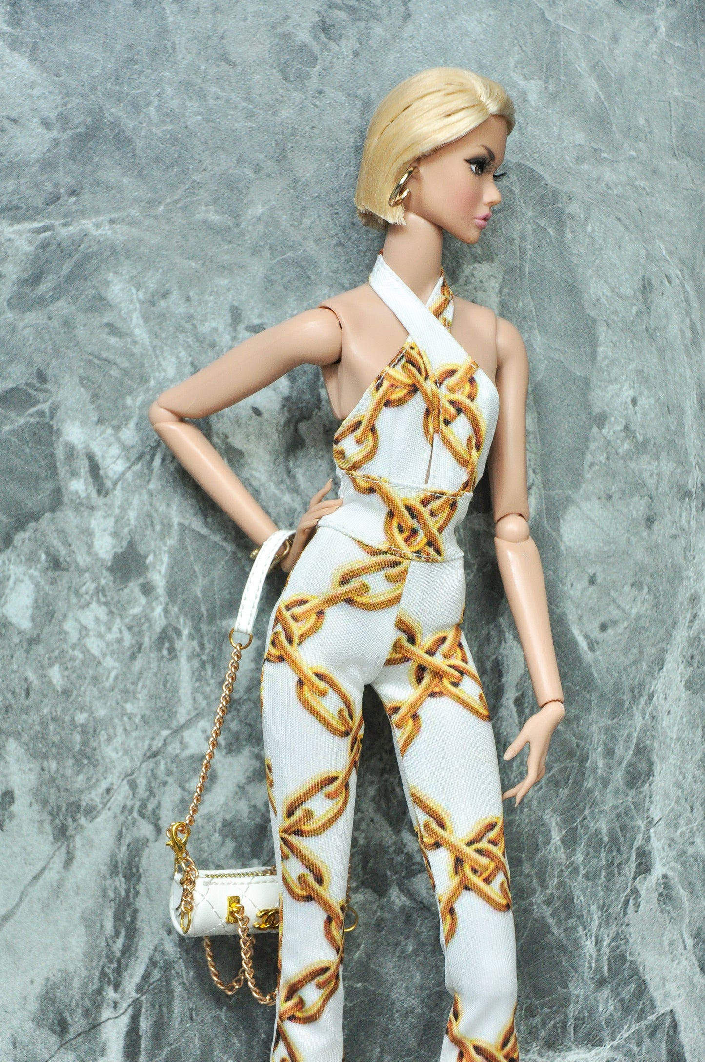 Y2K REMIX | 70'S flare jumpsuit with chain graphic print for Fashion Royalty & 12" doll