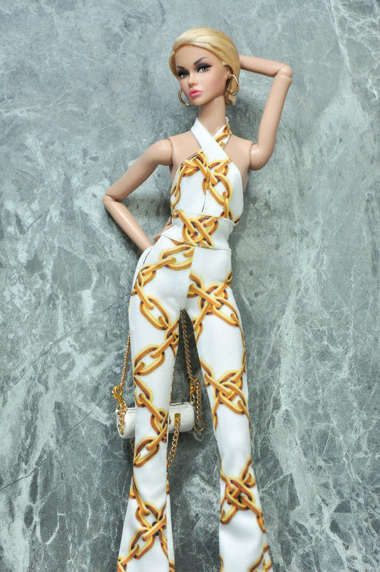 Y2K REMIX | 70'S flare jumpsuit with chain graphic print for Fashion Royalty & 12" doll