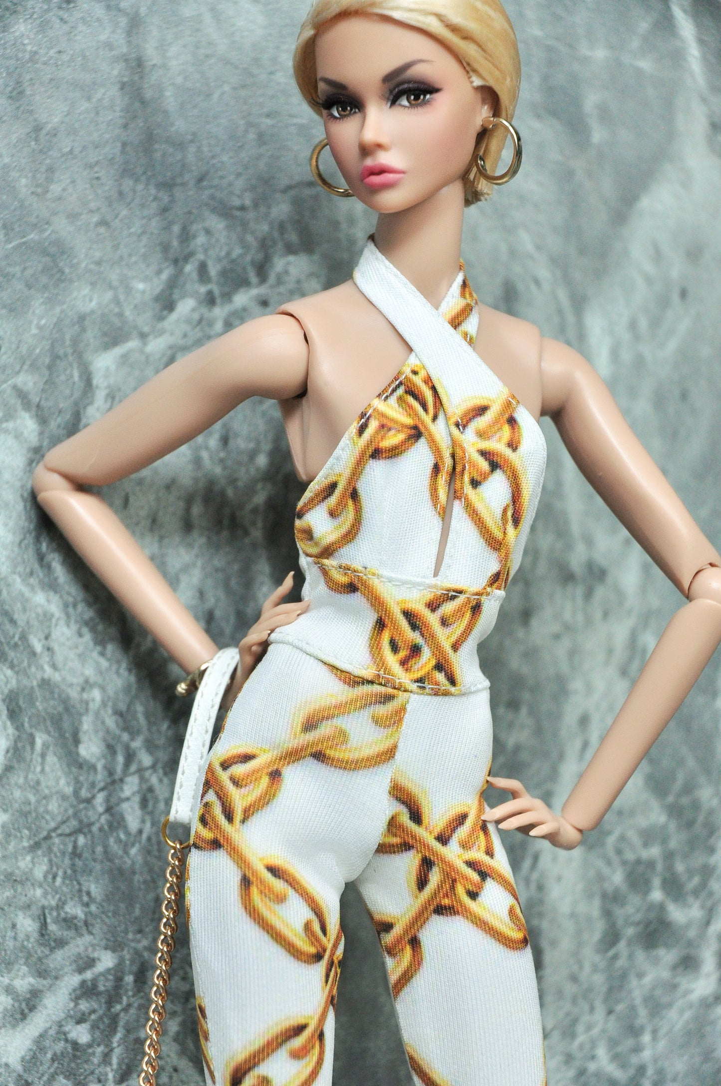 Y2K REMIX | 70'S flare jumpsuit with chain graphic print for Fashion Royalty & 12" doll