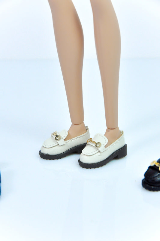 1/6 Shoes | Pleather loafers with gold metallic decoration for Fashion Royalty Doll & NU FACe 6.0