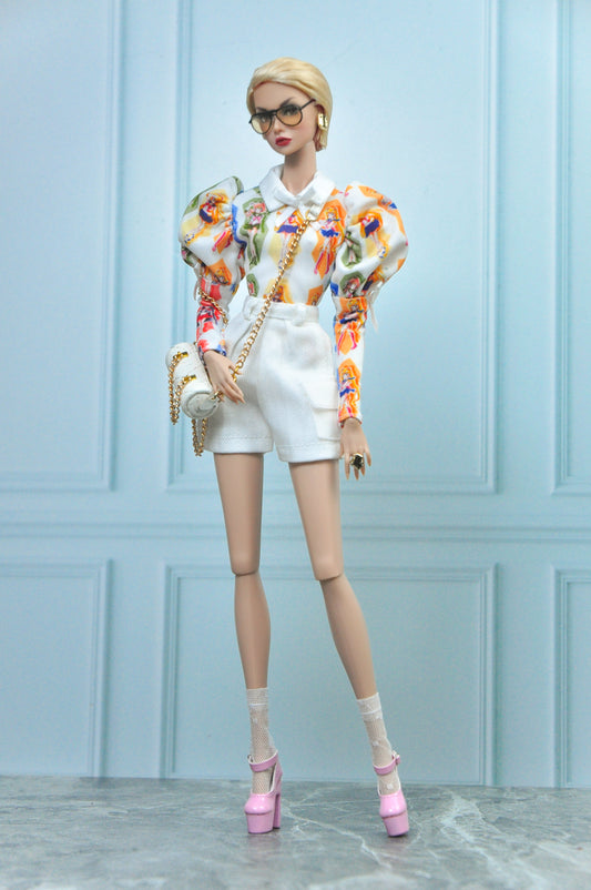 SLM | Graphic print bodysuit with khaki white shorts for Fashion Royalty NU FACE Poppy Parker