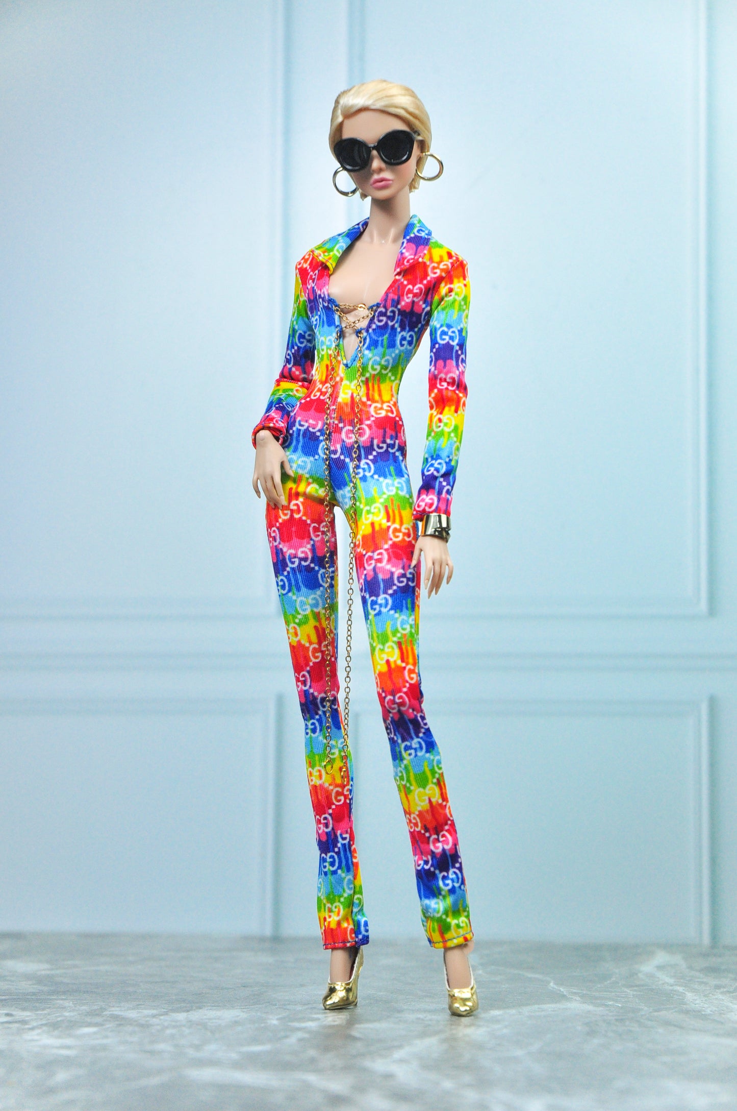 G*CCI VIBE Jumpsuit in rainbow color slip on for Fashion Royalty NU FACE Poppy Parker 6.0