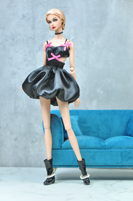 LOLITA | Black backless pumpkin dress with pink ribbon bows embellished for Fashion Royalty doll and NU FACE