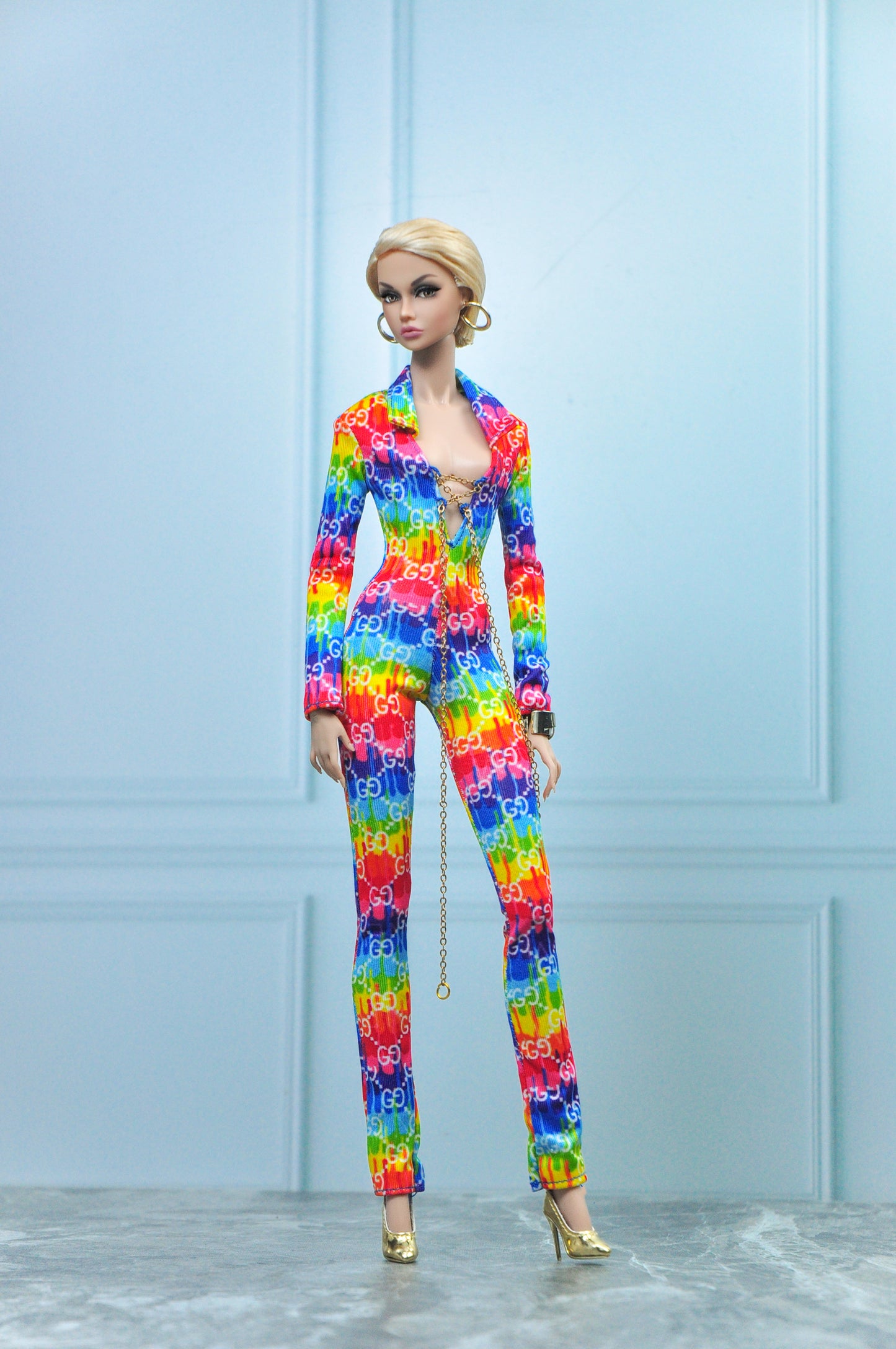 G*CCI VIBE Jumpsuit in rainbow color slip on for Fashion Royalty NU FACE Poppy Parker 6.0