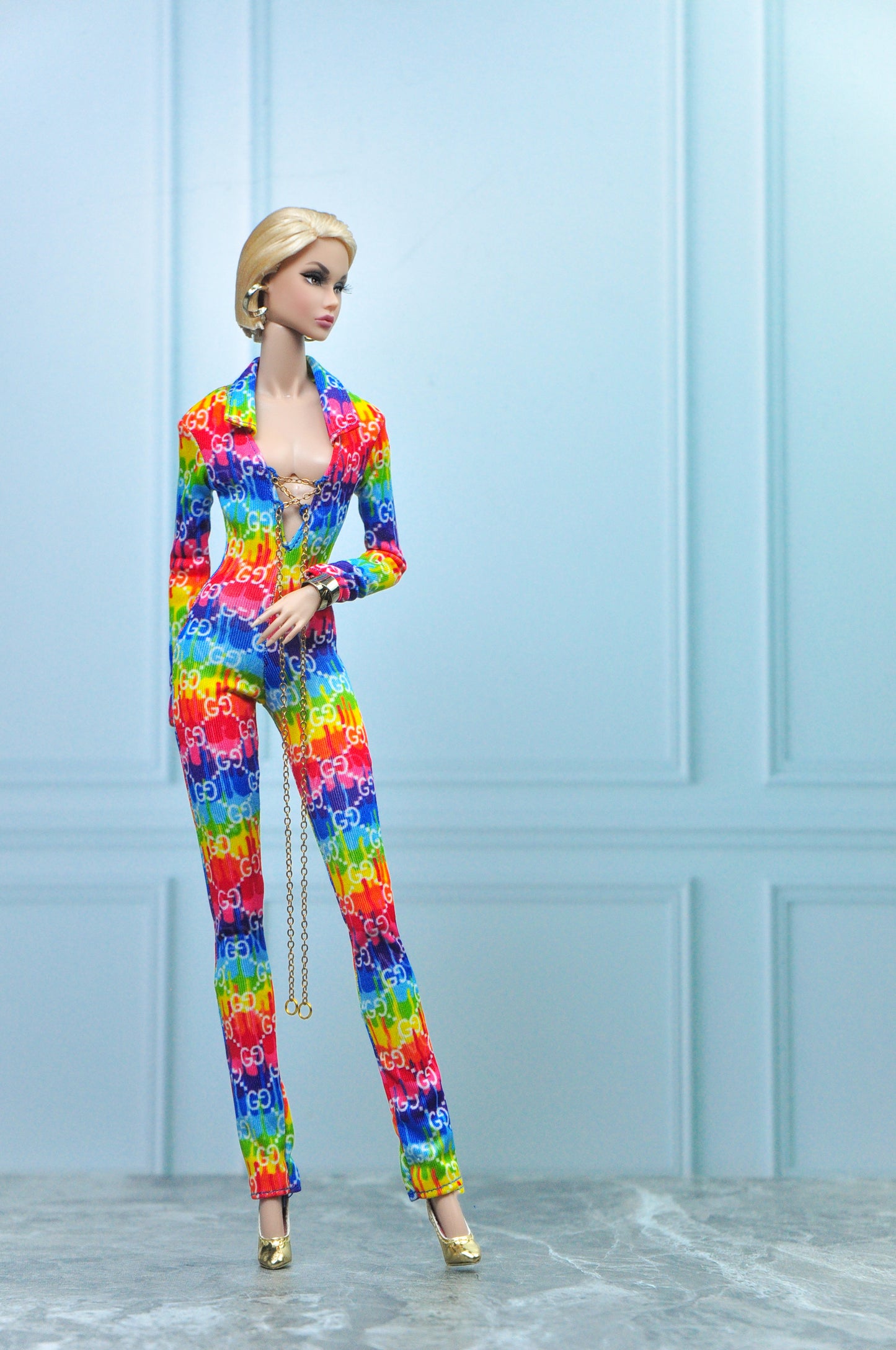 G*CCI VIBE Jumpsuit in rainbow color slip on for Fashion Royalty NU FACE Poppy Parker 6.0